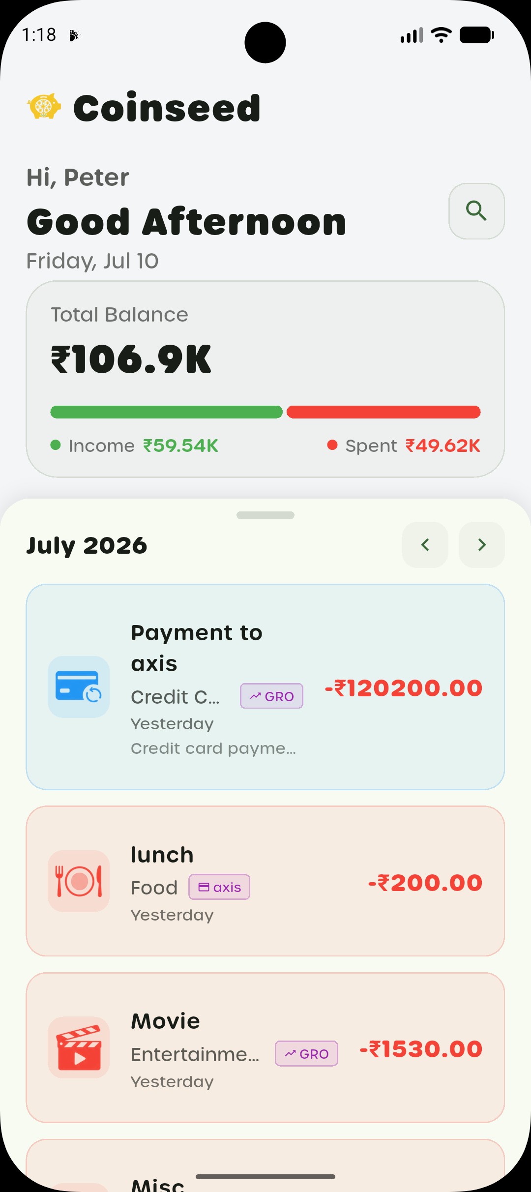 Coinseed home screen with total balance, income vs. spending bar and recent transactions