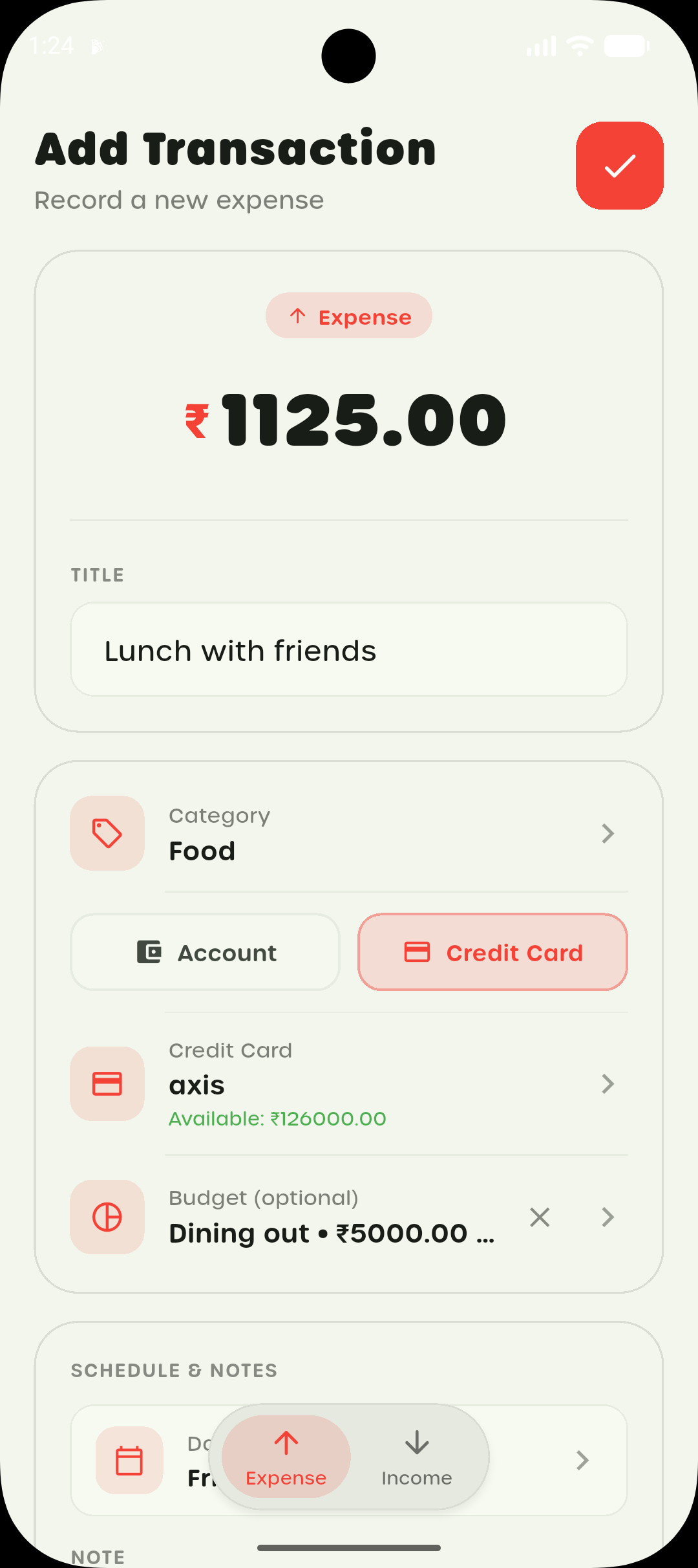 Add Transaction screen recording an expense with category, credit card and budget