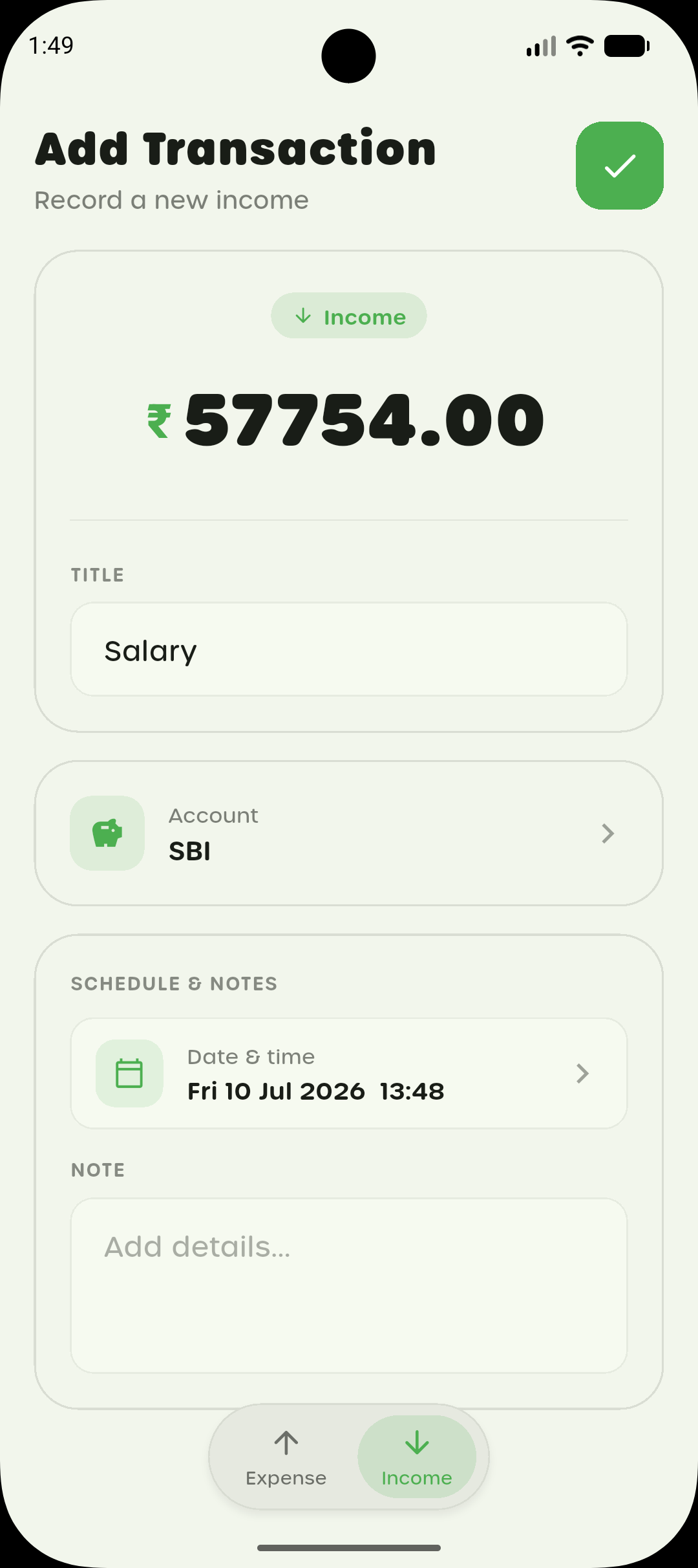 Add Transaction screen recording income into an account
