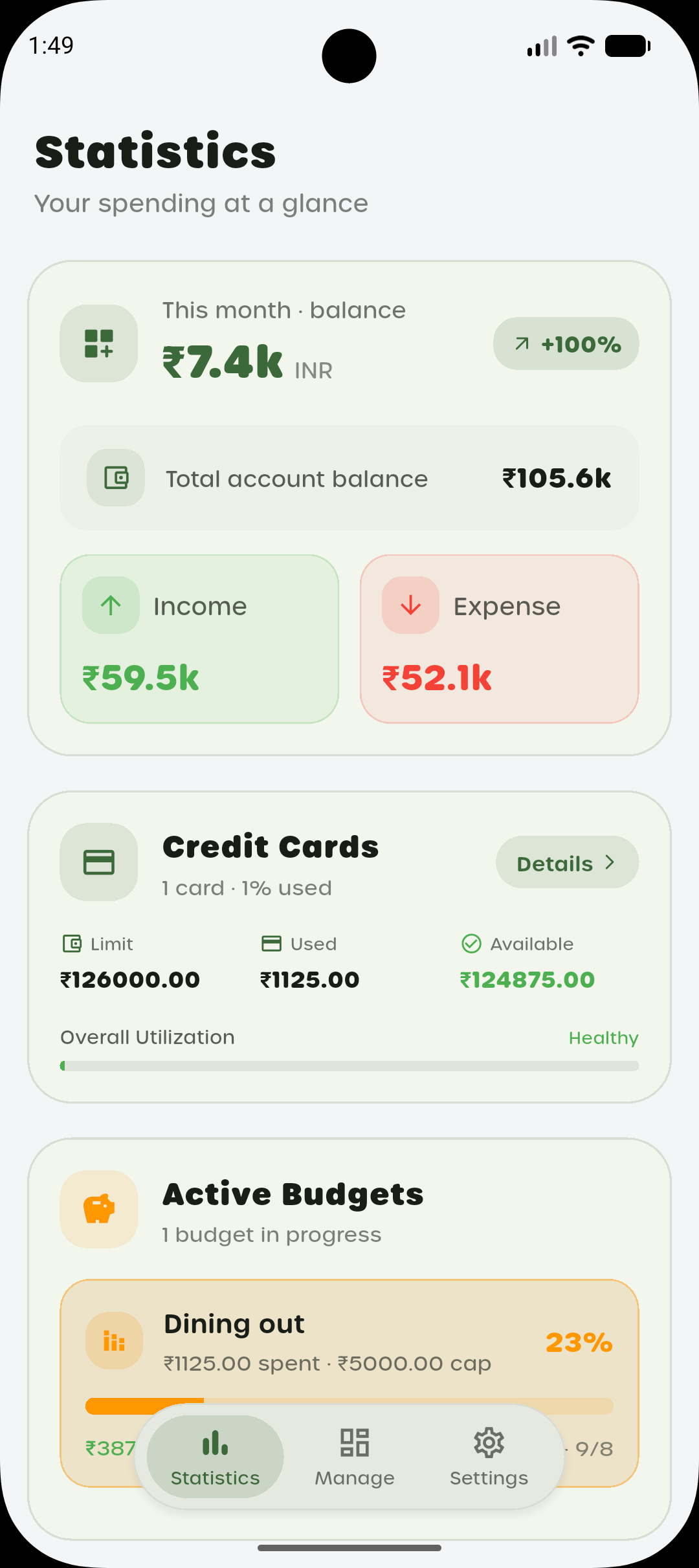 Statistics summary showing this month's balance, income, expense and credit cards
