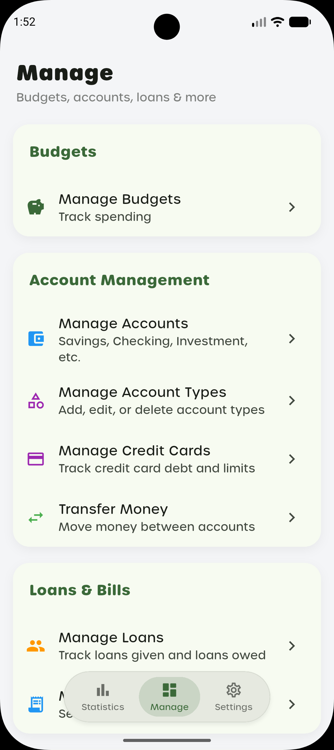 Manage screen for budgets, accounts, credit cards, transfers, loans and bills