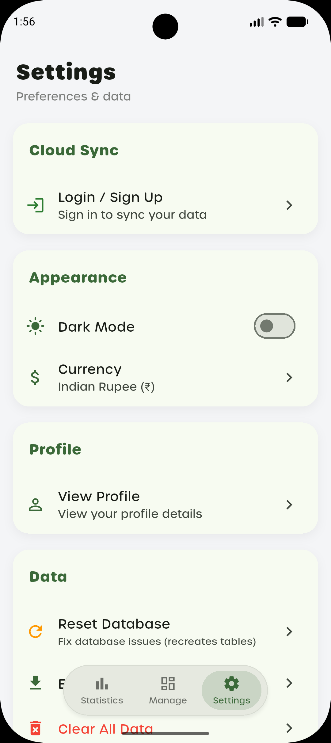 Settings screen with cloud sync, appearance, currency, profile and data controls